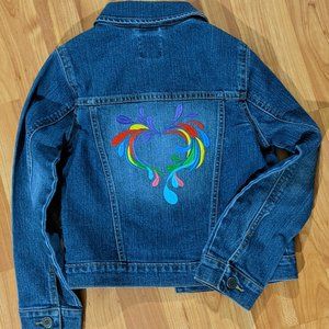 Denim Jacket with Rainbow Splash Heart Embroidery